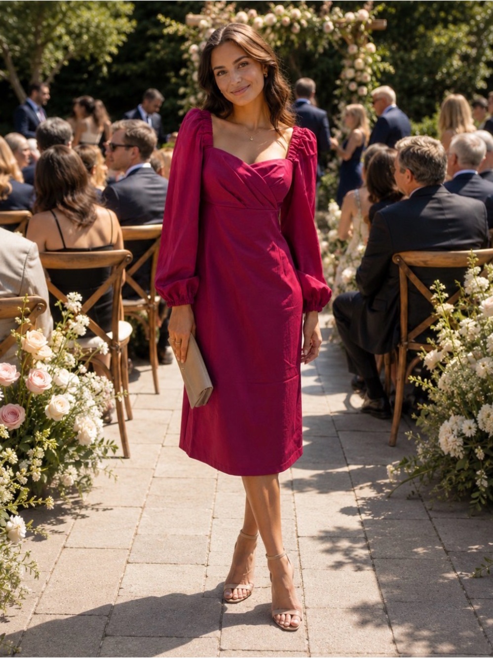 Tatiana Tretyak Fuchsia Puff-Sleeve Midi Dress